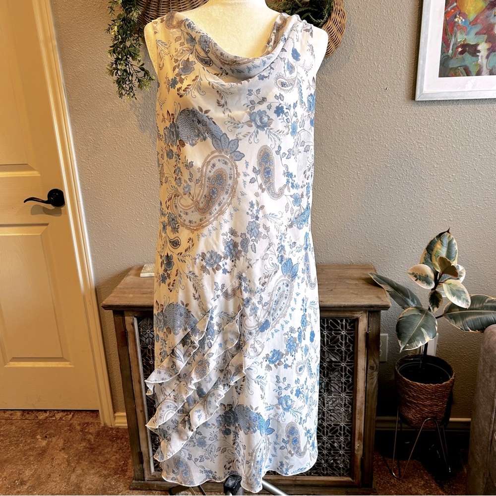 Vintage Cowl Neck Dress with Blue and Tan Floral and Paisley Pattern